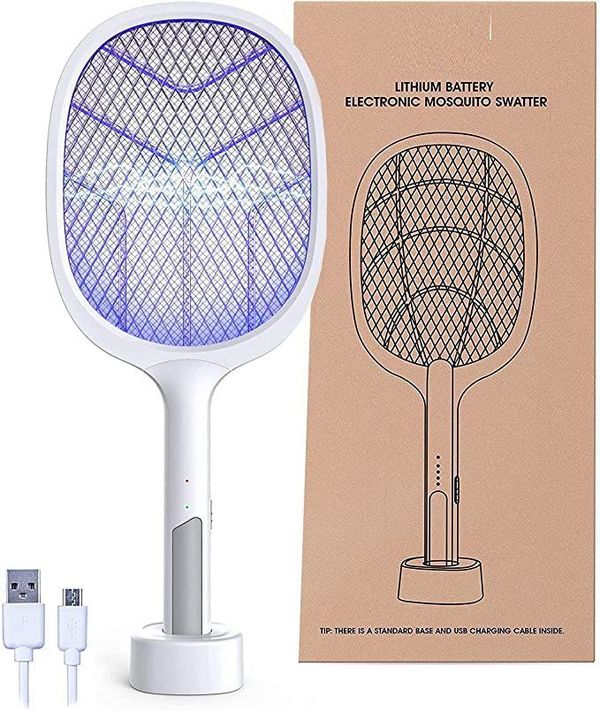 Electric Fly Swatter Mosquito Killer Racket Bat with UV Light Lamp Racket USB Charging Base, Electric Insect Killer (Mosquito Racket)