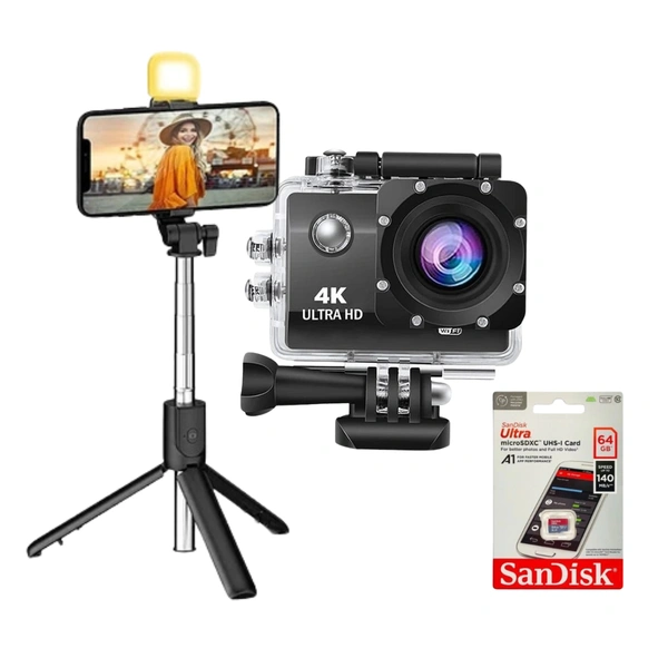 "Action Camera Combo - 64GB Memory Card & Selfie Stick | Waterproof & HD Recording"