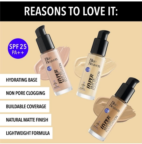 Blue Heaven Hyper Matte Foundation  - 30ml, caramel dusky+yellow