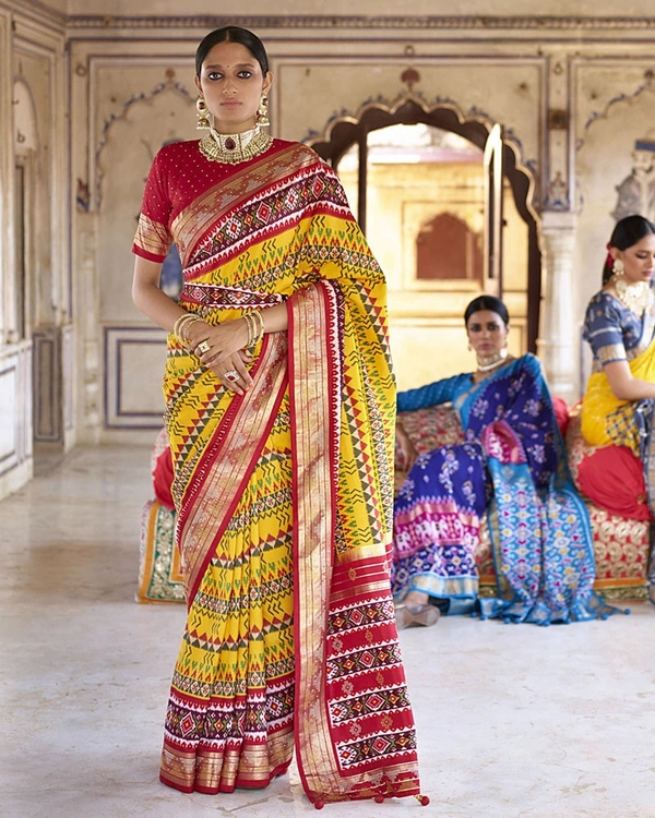 MUSTARD AND RED PATOLA SILK SAREE - Mustard, Free