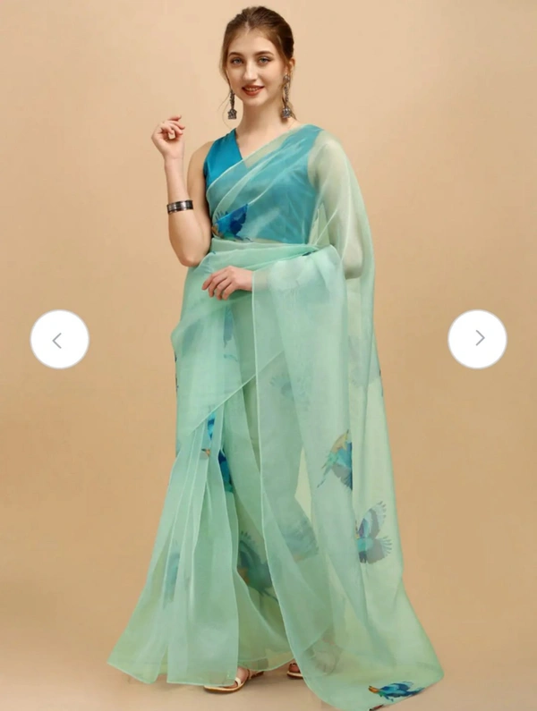Sangria Sea Green & Blue Organza Saree - Blue, Free