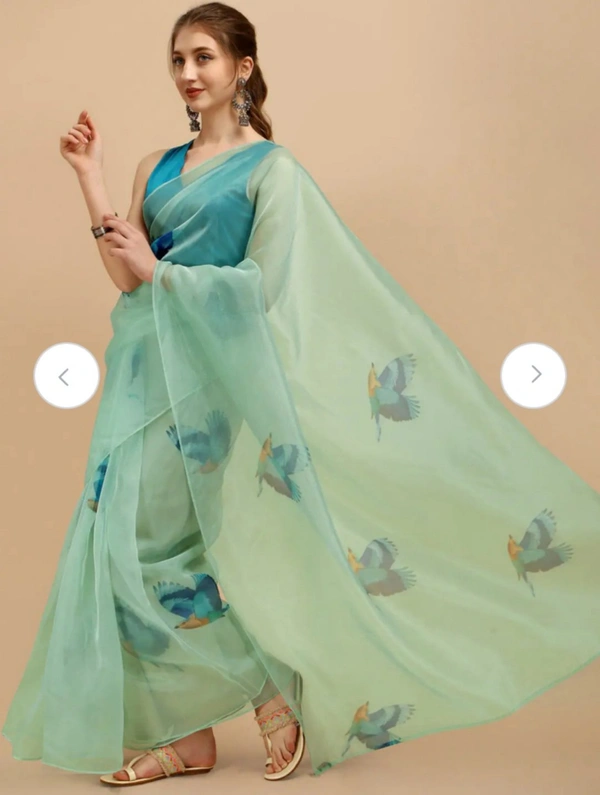 Sangria Sea Green & Blue Organza Saree - Blue, Free