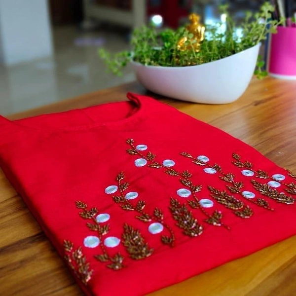 Slub Silk Slitted Kurti - Red, M