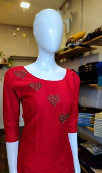Slub Silk Slitted Kurti - Red, M