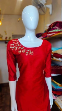 Slub Silk Slitted Kurti - Red, M