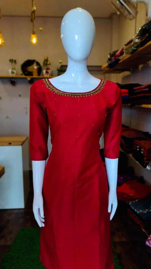 Slub Silk Slitted Kurti - Red, M