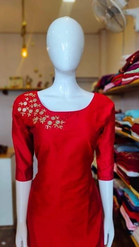 Slub Silk Slitted Kurti - Red, L