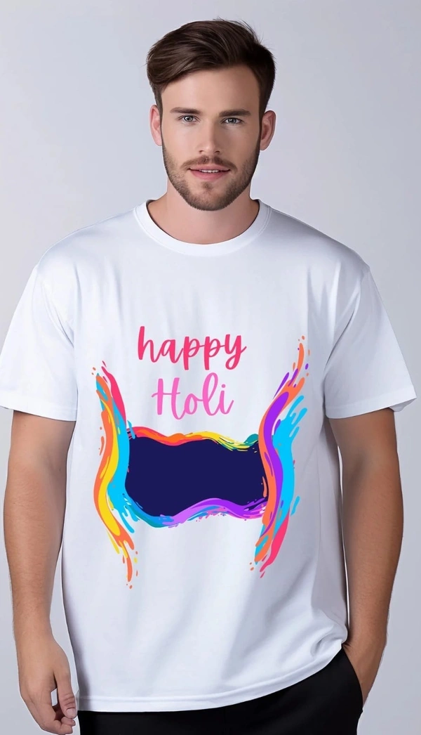 Happy Holi Men Printed Round Neck Poly Cotton White T-Shirt | India marketto