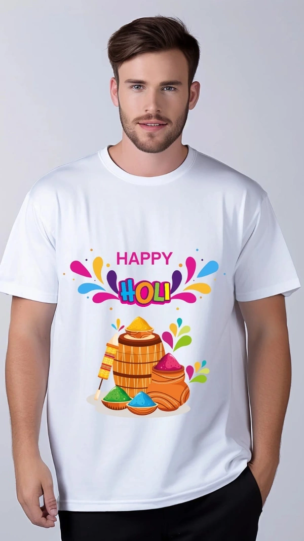 Men Printed Round Neck Poly Cotton White T-Shirt