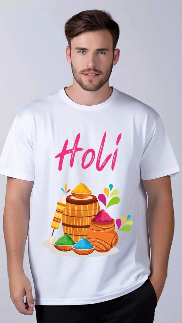Holi Men’s Printed Round Neck Poly Cotton White T-Shirt