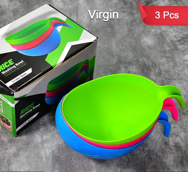 2068 PLASTIC RICE BOWL/FOOD STRAINER THICK DRAIN BASKET WITH HANDLE FOR RICE, VEGETABLE & FRUIT (SET OF 3PCS)