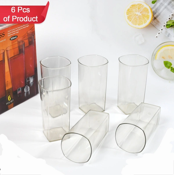 4973 Unbreakable Stylish Transparent Square Design Water/Juice/Beer/Wine Tumbler Plastic Glass Set ( 300 ML, Pack of 6)