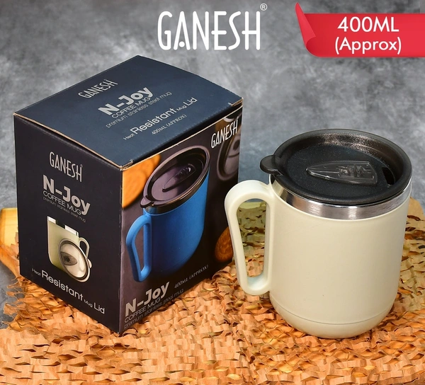 8137 GANESH PREMIUM STAINLESS STEEL COFFEE MUG WITH HEAT RESISTANT MUG LID. APPROX 400ML MUG.