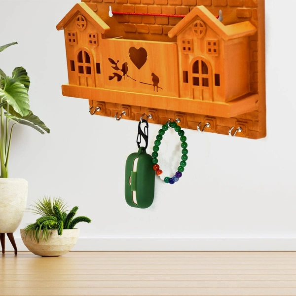 9125 6 HOOKS HOUSE DESIGN WOODEN KEYS STAND FOR ENTRYWAY, KITCHEN, OFFICE