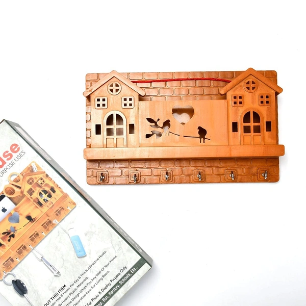 9125 6 HOOKS HOUSE DESIGN WOODEN KEYS STAND FOR ENTRYWAY, KITCHEN, OFFICE
