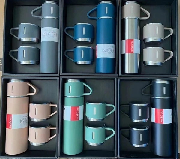 PREMIUM VACUUM FLASK SET WITH 3 STEEL CUPS COMBO (MULTI COLOURS)