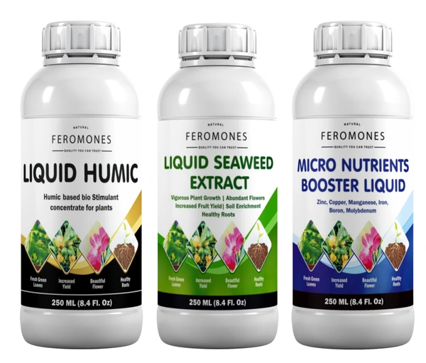 Feromones Home gardening Combo of Seaweed Extract / Humic acid and Micro nutrient booster liquid for growth and flowering - 250 ml+250 ml+250 ml
