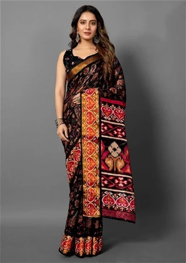 Premium Tanza Cotton Printed Saree With Blouse - Black