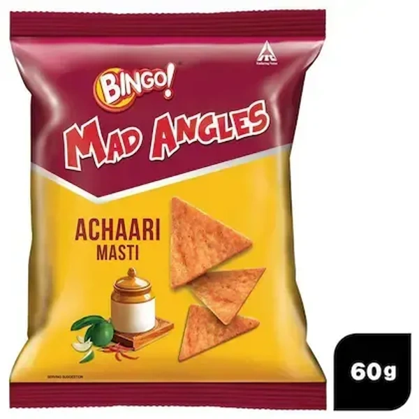 Bingo! Mad Angles Achaari Masti - Mango Pickle Flavour Crunchy Triangle Chips Pack - 60 g - 