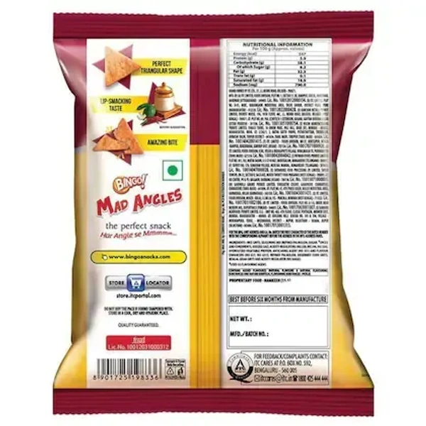 Bingo! Mad Angles Achaari Masti - Mango Pickle Flavour Crunchy Triangle Chips Pack - 60 g - 