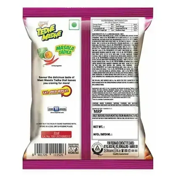 Bingo Masala Tadka Tedhe Medhe 75 g - General Information Brand	Bingo Manufacturer	ITC Ltd. Manufacturer Address	 ITC Limited 37, J.L. Nehru Road, Kolkata - 700071  Manufacturer Email	itccares@itc.in Manufacturer Website	www.aashirvaad.com