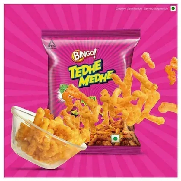 Bingo Masala Tadka Tedhe Medhe 75 g - General Information Brand	Bingo Manufacturer	ITC Ltd. Manufacturer Address	 ITC Limited 37, J.L. Nehru Road, Kolkata - 700071  Manufacturer Email	itccares@itc.in Manufacturer Website	www.aashirvaad.com