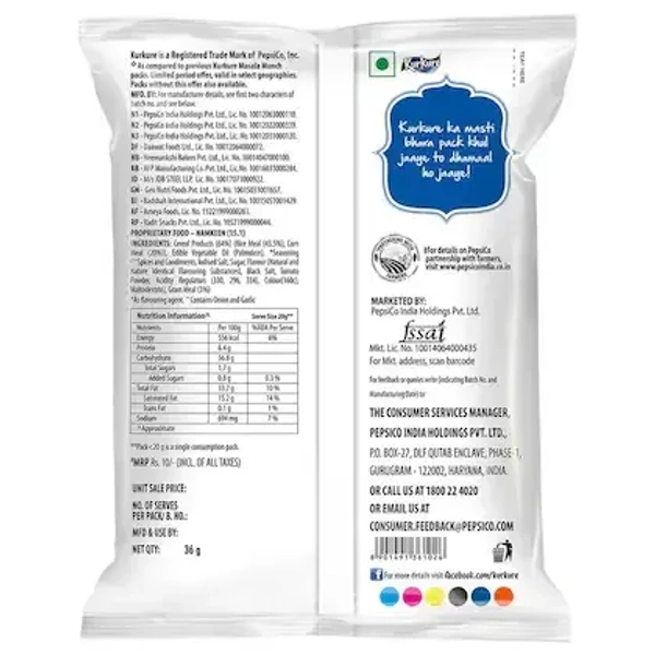 Kurkure Masala Munch 36 g - A perfect blend of taste & unmatched quality Packed in hygenically safe conditions