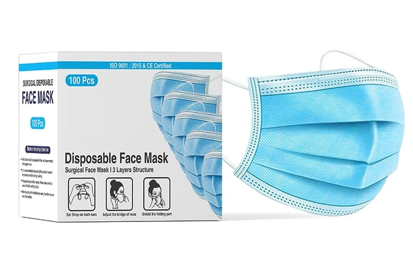  Disposable Face Mask With Nose Clip (Blue, Without Valve,Pack Of 100) For Unisex