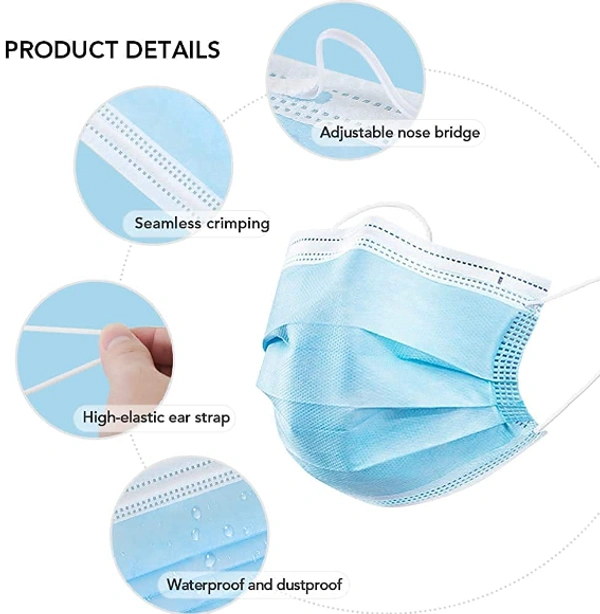  Disposable Face Mask With Nose Clip (Blue, Without Valve,Pack Of 100) For Unisex