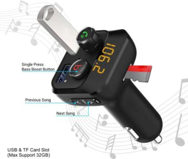 Portronics v5.0 Car Bluetooth Device with Car Charger  (Black)