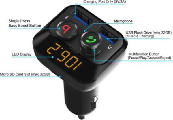 Portronics v5.0 Car Bluetooth Device with Car Charger  (Black)