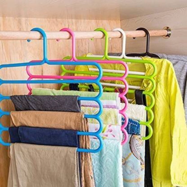 Click US 5 Pcs Multipurpose 5 Layer Hanger For Shirts , Ties , Pants , Jeans , T-Shirt , Sarees , Suits Space Saving hanger, Cupboard Organiser, Strong - Closet Organizer Closet Organizer
