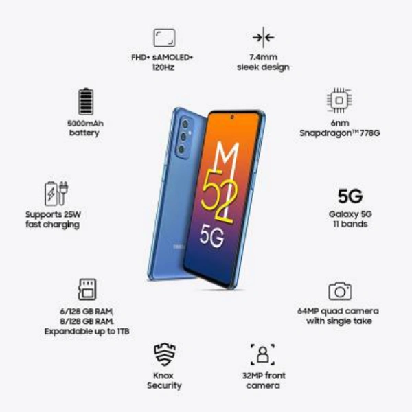 SAMSUNG Galaxy M52 5G (Icy Blue, 128 GB)  (6 GB RAM)