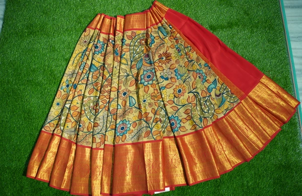 KALAMKARI HAND PAINTED KANCHI BIG BORDER FLORAL  SAREE -KHPPPKBBFS002