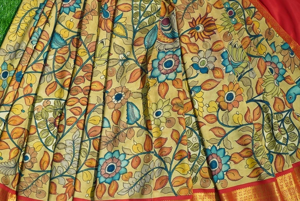 KALAMKARI HAND PAINTED KANCHI BIG BORDER FLORAL  SAREE -KHPPPKBBFS002