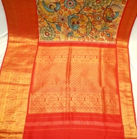 KALAMKARI HAND PAINTED KANCHI BIG BORDER FLORAL  SAREE -KHPPPKBBFS002