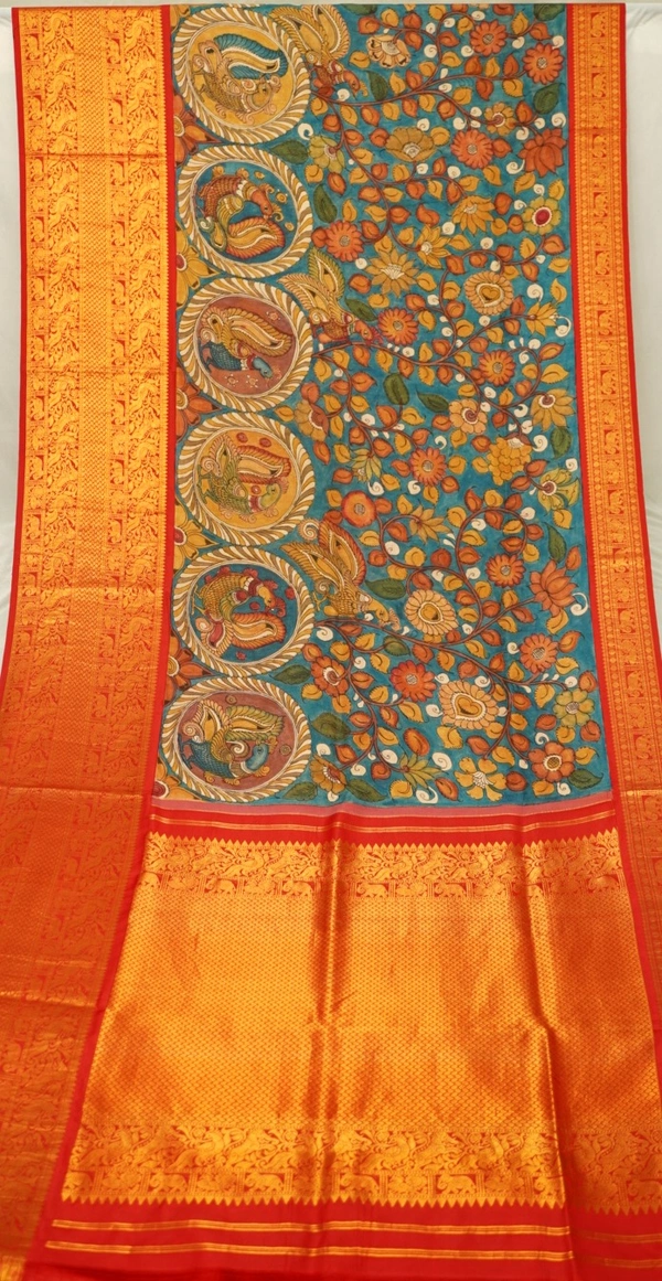 KALAMKARI HAND PAINTED KANCHI BIG BORDER FLORAL SAREE -KHPPPKBBFS003