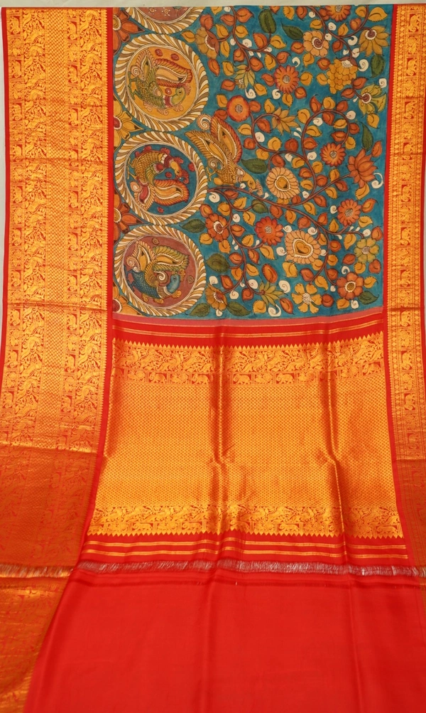 KALAMKARI HAND PAINTED KANCHI BIG BORDER FLORAL SAREE -KHPPPKBBFS003