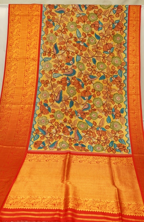 KALAMKARI HAND PAINTED KANCHI  BIG  BORDER  FLORAL SAREE -KHPPPKBBFS004
