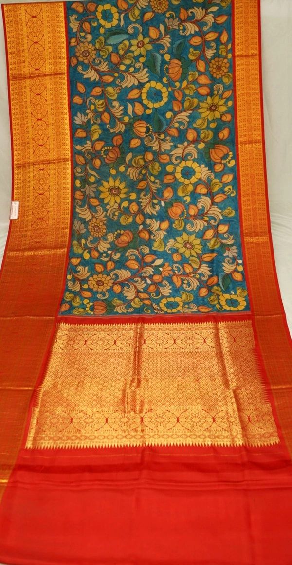 KALAMKARI HAND PAINTED KANCHI  BIG BORDER  FLORAL  SAREE -KHPPPKBBFS013