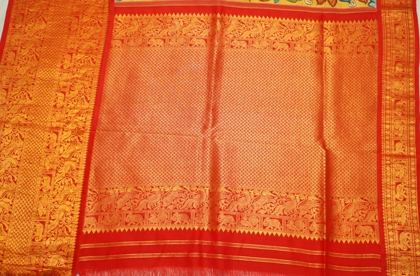 KALAMKARI HAND PAINTED KANCHI  BIG BORDER  FLORAL  SAREE -KHPPPKBBFS013