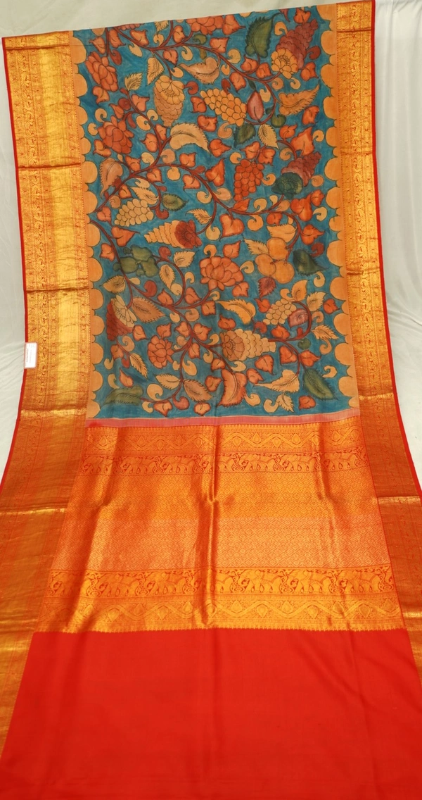 KALAMKARI HAND PAINTED KANCHI  BIG BORDER  FLORAL  SAREE -KHPPPKBBFS006