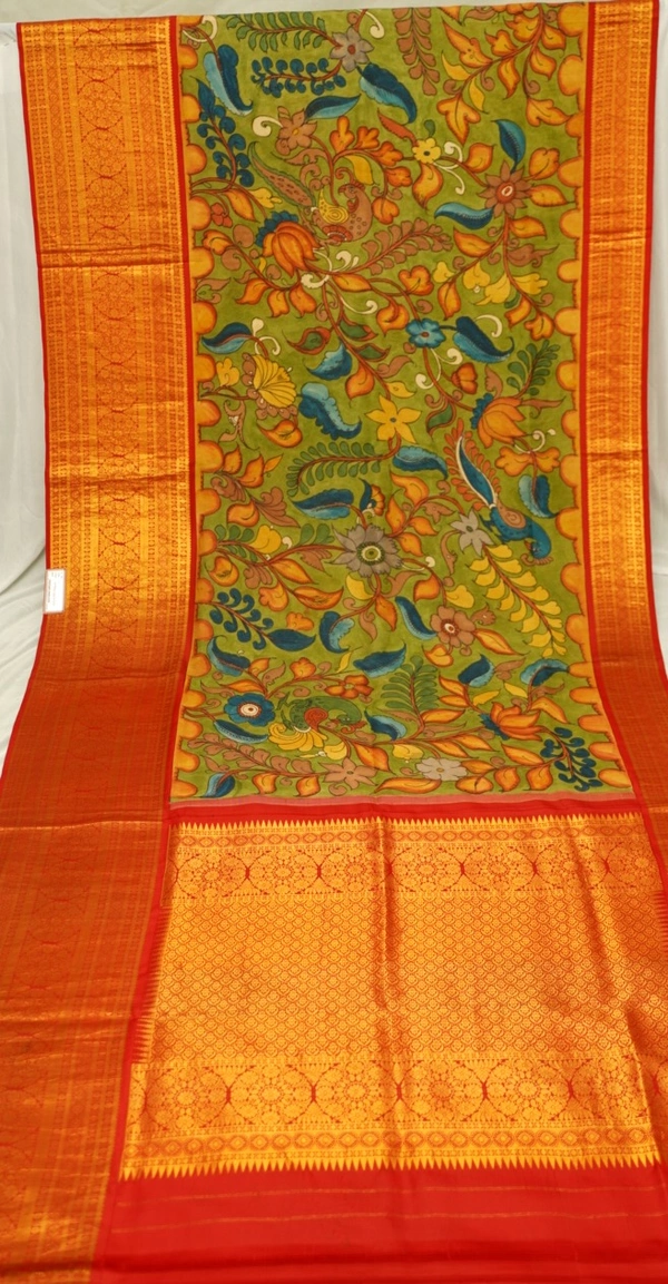 KALAMKARI HAND PAINTED KANCHI  BIG BORDER  FLORAL  SAREE -KHPPPKBBFS007