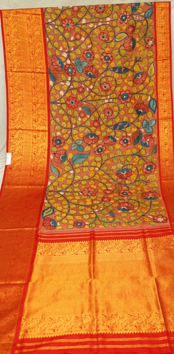 KALAMKARI HAND PAINTED KANCHI  BIG BORDER  FLORAL  SAREE -KHPPPKBBFS009