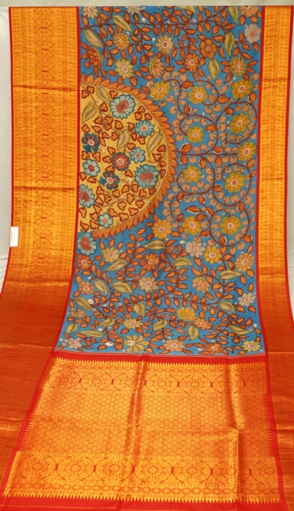 KALAMKARI HAND PAINTED KANCHI  BIG BORDER  FLORAL  SAREE -KHPPPKBBFS010