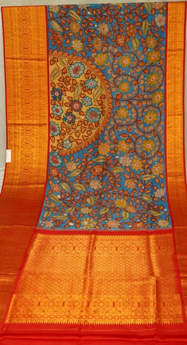 KALAMKARI HAND PAINTED KANCHI  BIG BORDER  FLORAL  SAREE -KHPPPKBBFS010