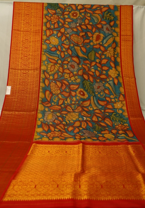 KALAMKARI HAND PAINTED KANCHI  BIG BORDER  FLORAL  SAREE -KHPPPKBBFS011