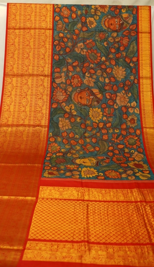 KALAMKARI HAND PAINTED KANCHI  BIG BORDER  FLORAL  SAREE -KHPPPKBBFS012