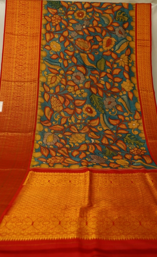KALAMKARI HAND PAINTED KANCHI  BIG BORDER  FLORAL  SAREE -KHPPPKBBFS013