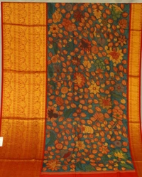 KALAMKARI HAND PAINTED KANCHI  BIG BORDER  FLORAL  SAREE -KHPPPKBBFS014